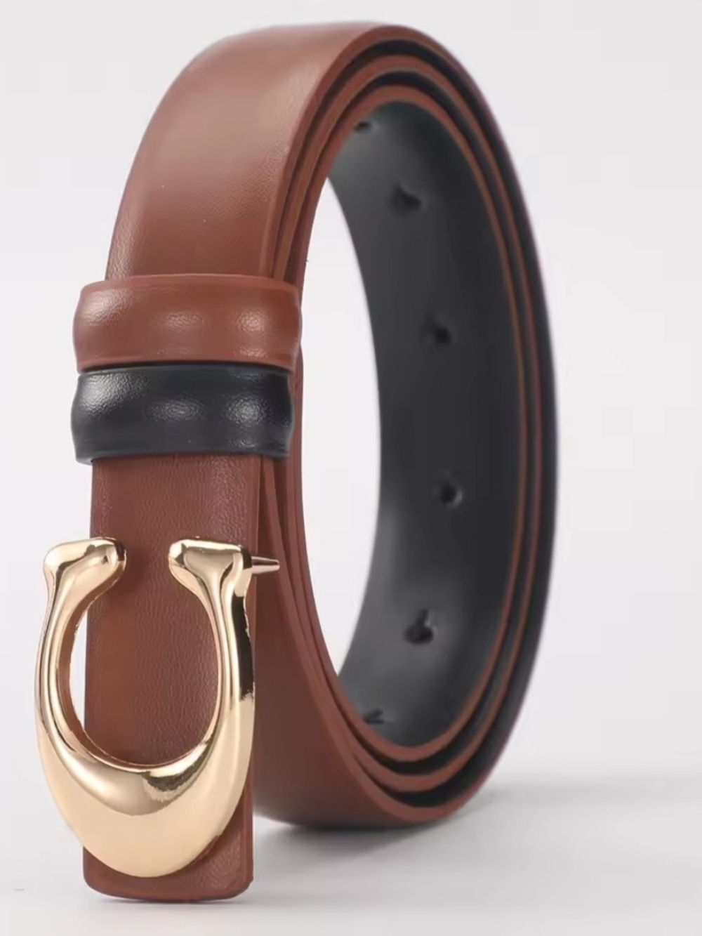 Women's Brown Leather Belt with Gold Horseshoe Buckle